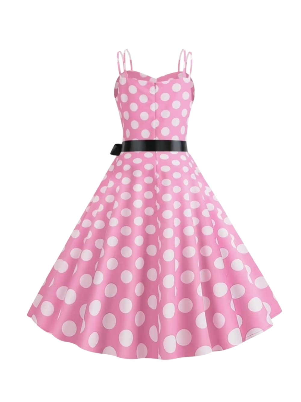 IWEMEK - Small Pink Polka Dot A-Line Dress with Black Waist Tie - Picture 6 of 10